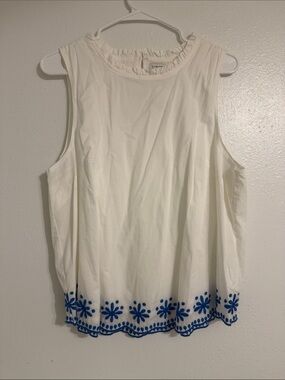 J. Crew Cream Sleeveless Top with Blue Floral Embroidered Hem